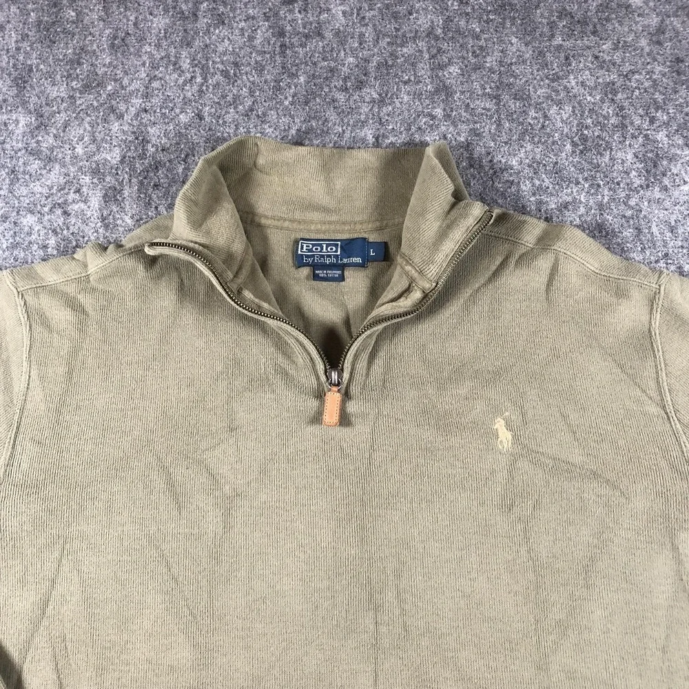 Polo Ralph Lauren Sweater Mens‎ Large Taupe Green 1/4 Zip Mock Neck Cotton